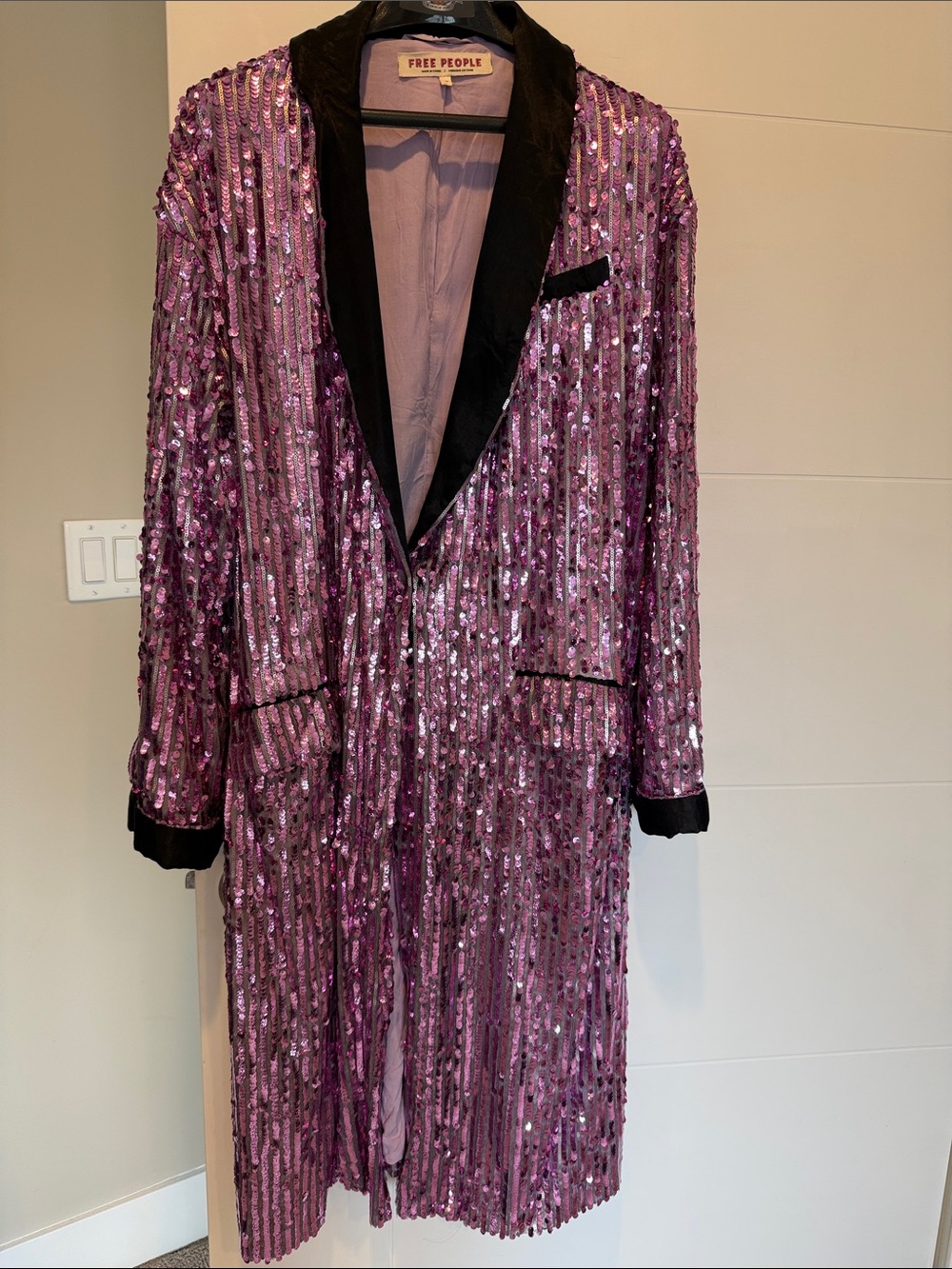 Free People Lavender Sequin Long Trench Coat with Black Velvet Trim